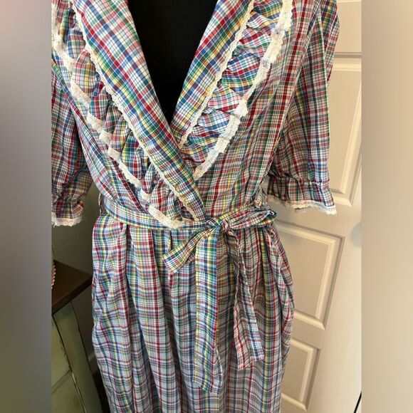 Robert Hunter Vintage 70s Rainbow Plaid Ruffle Puff Sleeve Full Length Robe O/S - Picture 4 of 12
